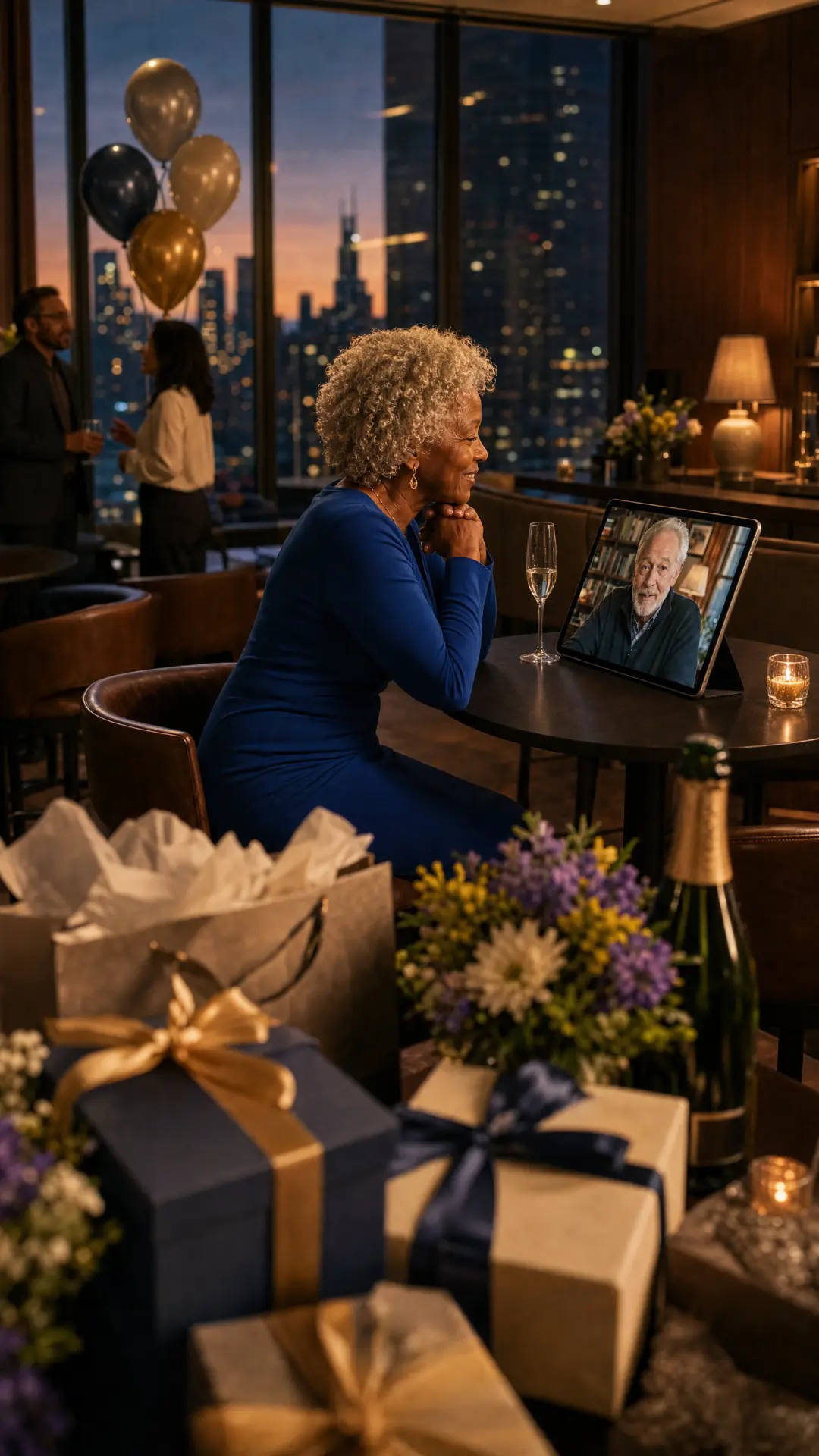 A woman smiling at a tablet video message during an elegant celebration with gifts and champagne
