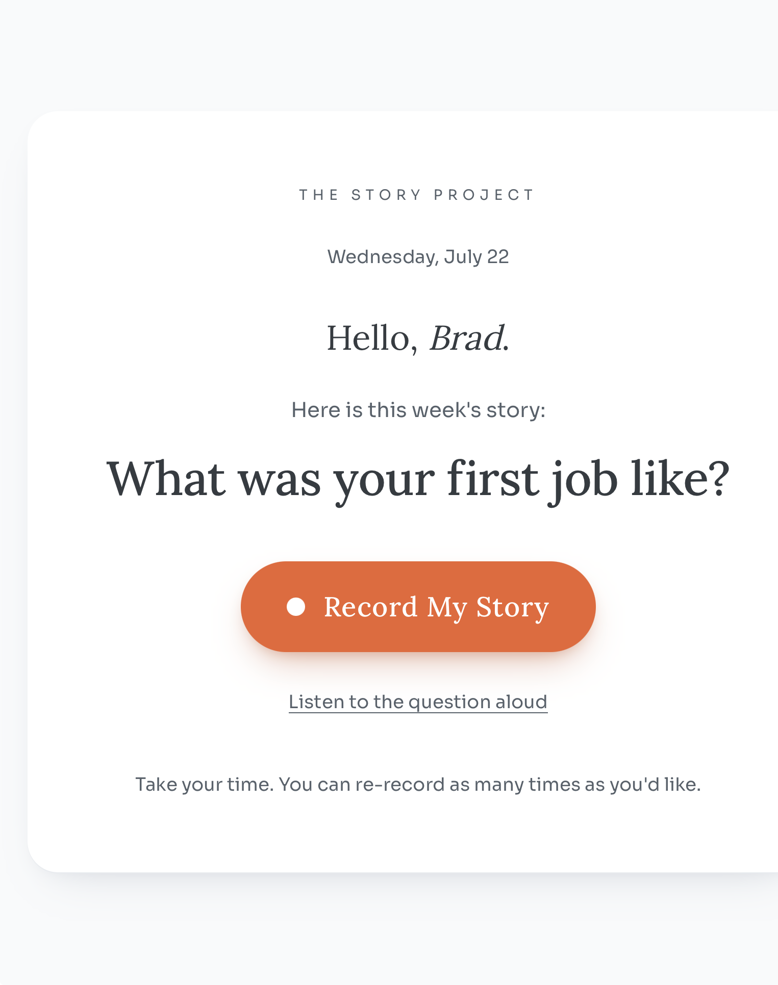 A simple recording page showing a weekly story prompt and a large Record My Story button
