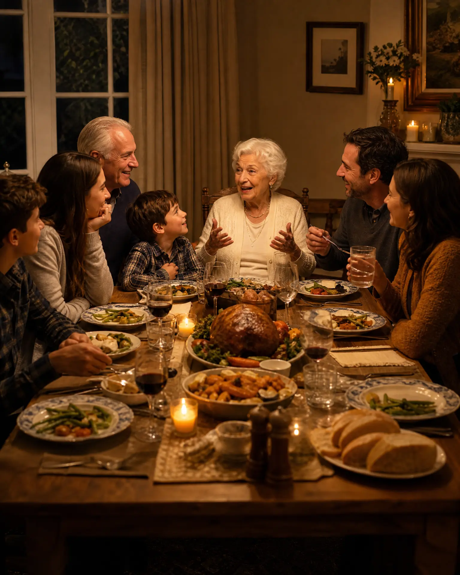 A multi-generational family gathered around a dinner table sharing stories