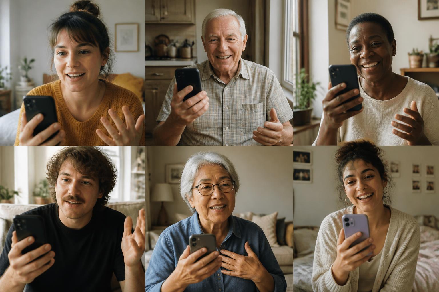 Six people of different ages, each in their own home, recording a short video story on a phone