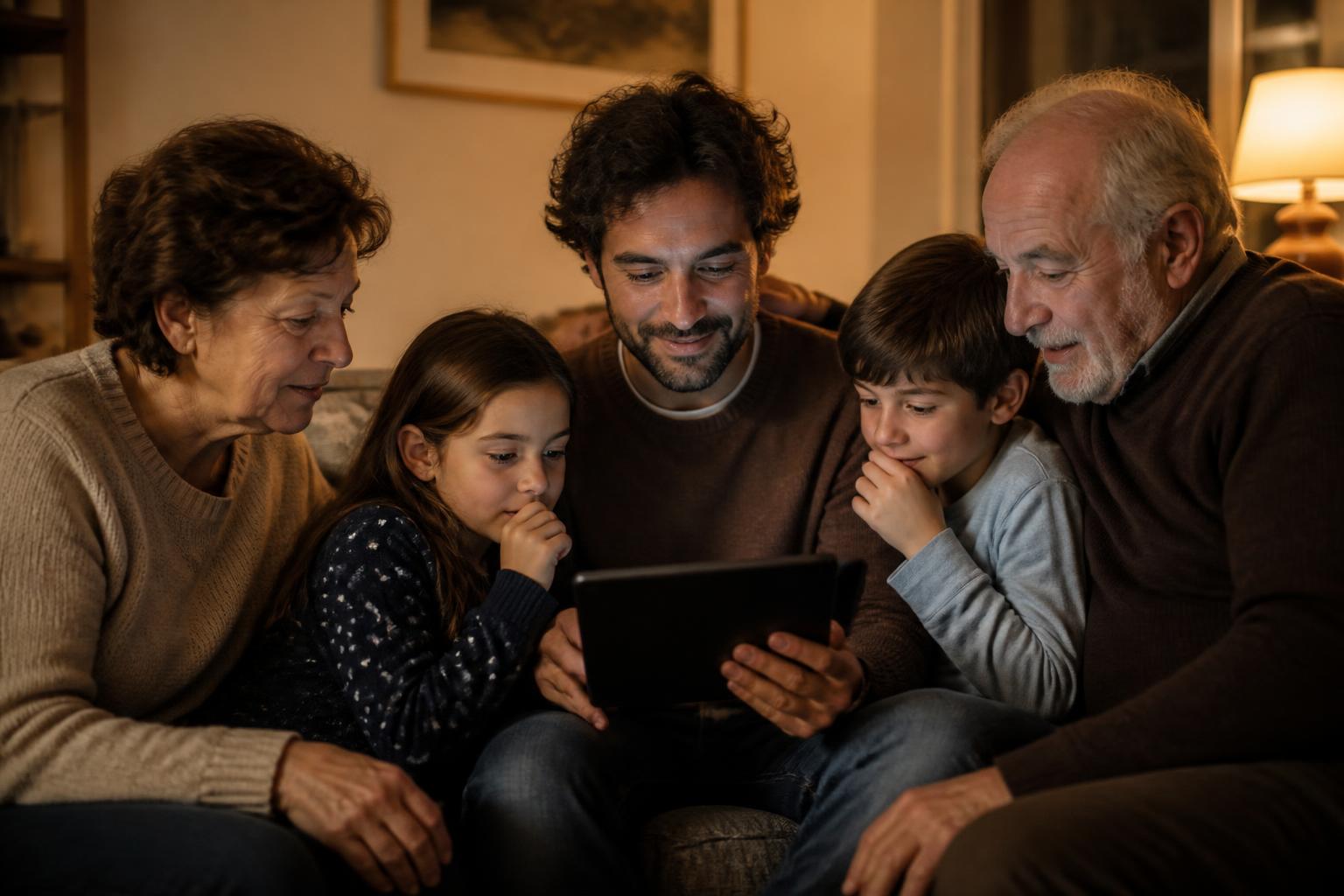 A family of three generations sitting together on a sofa, watching recorded stories on a tablet