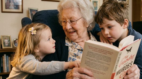 A grandmother reading to her grandchildren in a cozy living room