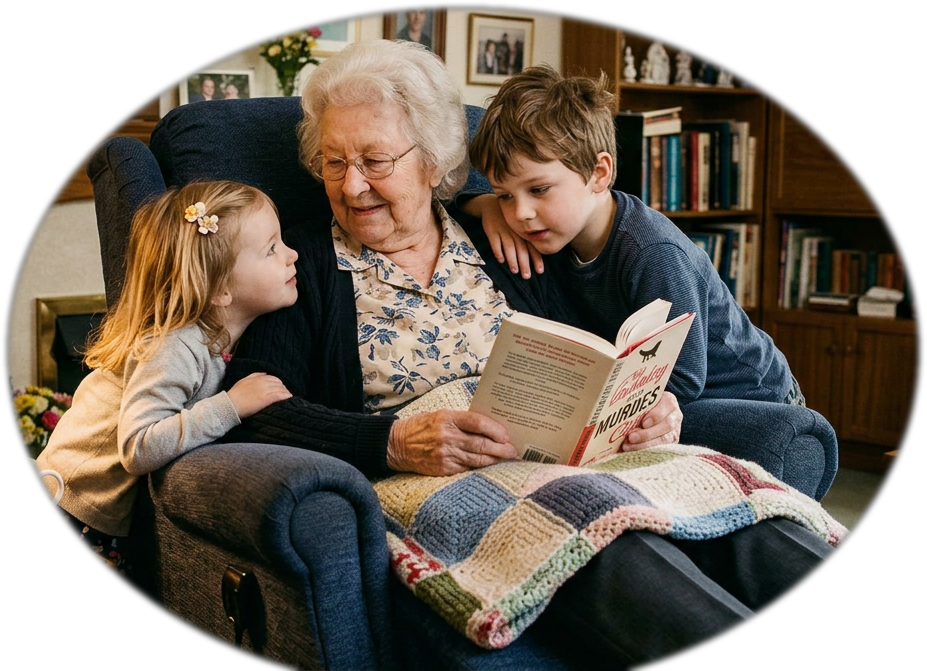 A grandmother reading to her grandchildren in a cozy living room