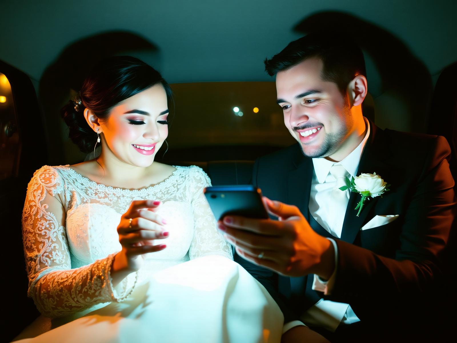 Newlyweds in a limousine watching their guests' video messages together